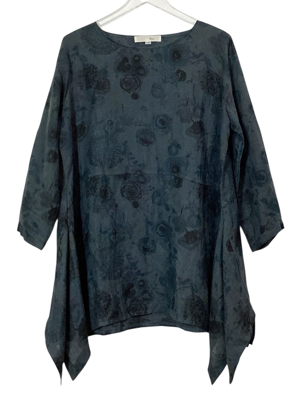 YEA Linen Tunic Dress L / XL Blue Gray Floral Print Handkerchief Hem Oversized